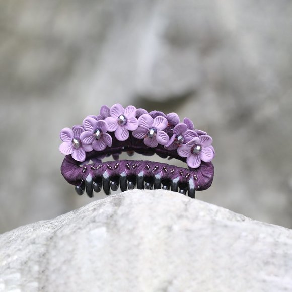 Handmade Dark Purple Floral Hair Claw Jaw Clip for Her Crystal Barrette Clip - Picture 4 of 7